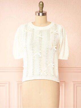 Storia Bow Knit Sweater Short Sleeve Cream Size S NWOT